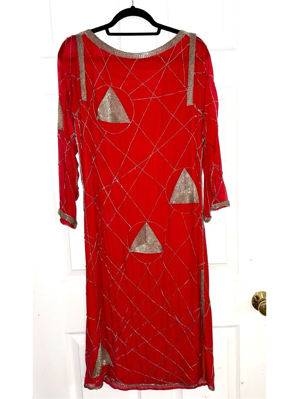 Vintage Red Beaded Evening Dress with Gold Accents